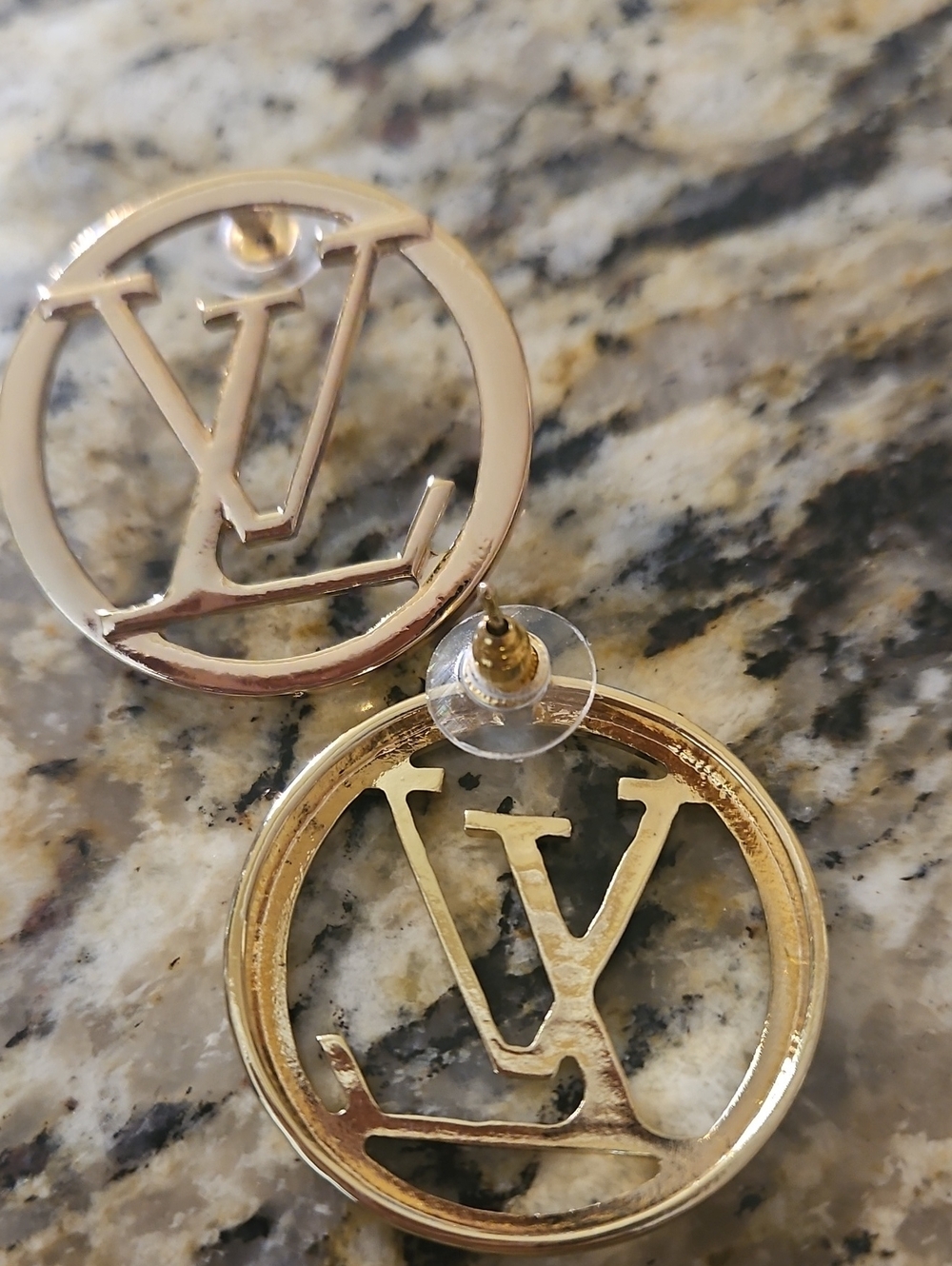 Gold Round LV Monogram Earrings - Picture 2 of 3